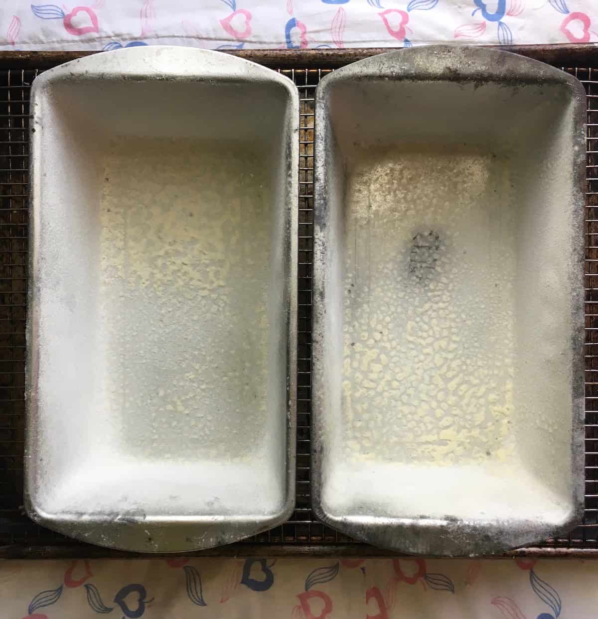 Bread pan prepped with butter and flour to make devil's food cake cheesecake ice cream sandwiches, a creative devil's food cake mix recipe idea using this homemade traditional devil's food cake recipe.
