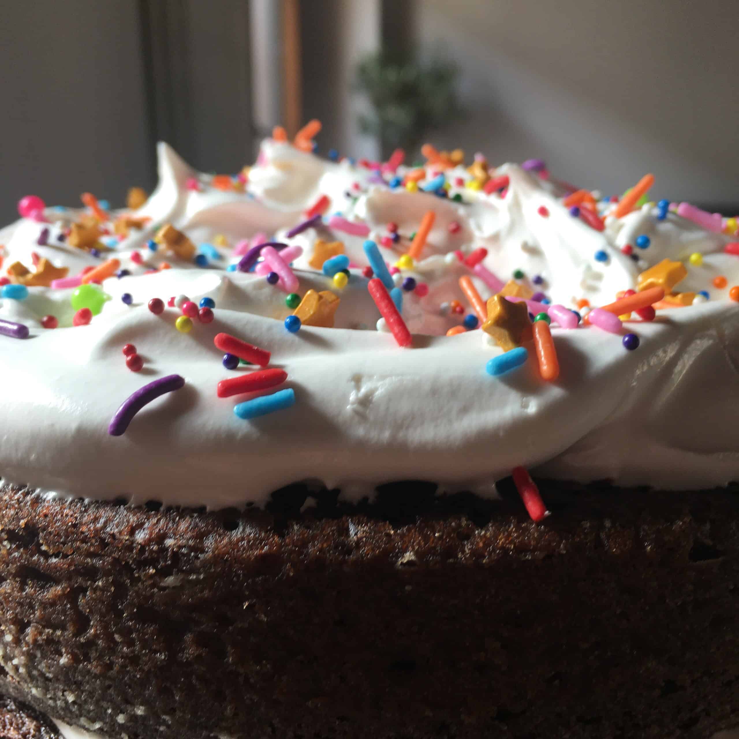 Devil's food cake double layer 8-inch round with fluffy homemade 7-minute frosting and candy sprinkles, old fashioned devil's food cake recipe showing what kind of frosting for devil's food cake is the traditional choice.
