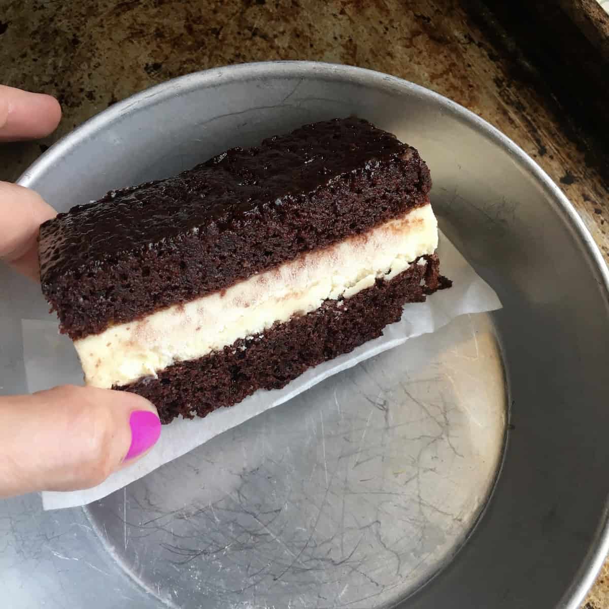Frozen devil's food cake cheesecake ice cream sandwich showing how well this devil food cake holds up to freezing with excellent moist texture even after refrigeration, how do you store devil's food cake for make-ahead desserts.
