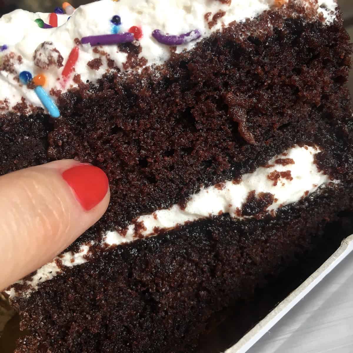 Hand pointing to the super moist devil's food cake crumb up close showing the tender wet texture of this best devil's food cake recipe from scratch, what is devil's food cake made of that makes it so moist and chocolatey.

