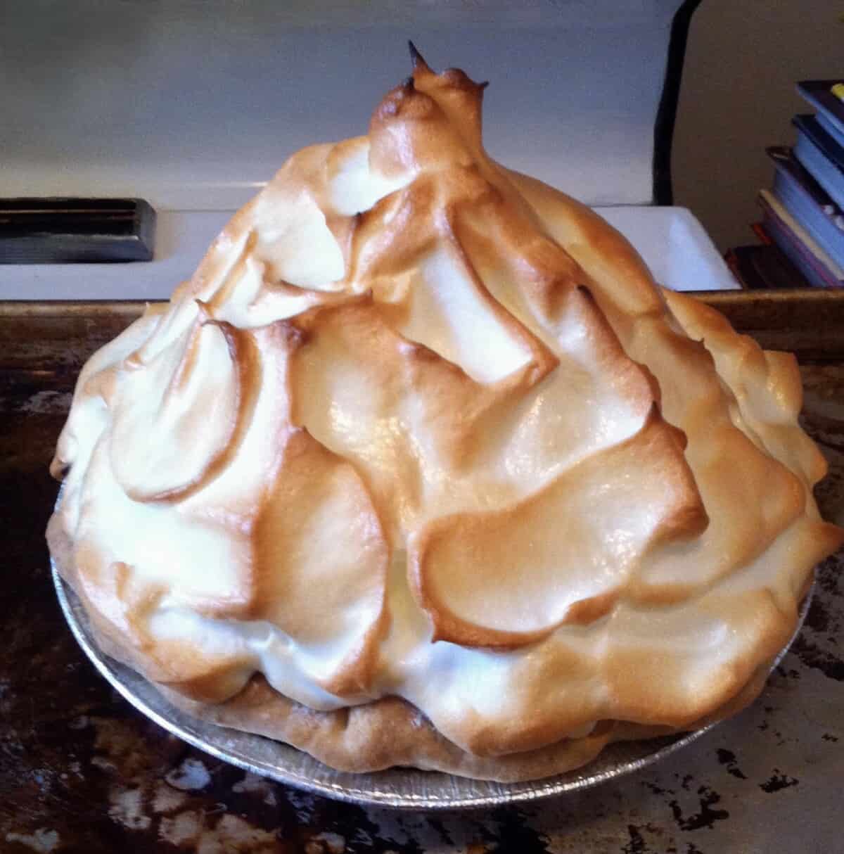 a true mile-high double meringue topping on a homemade lemon meringue pie I made