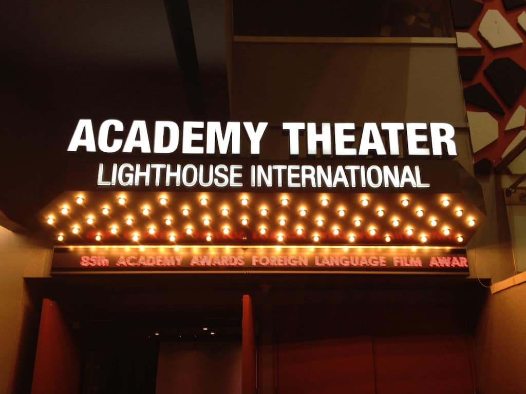 Academy Theater Lighthouse International marquee sign inside the theater