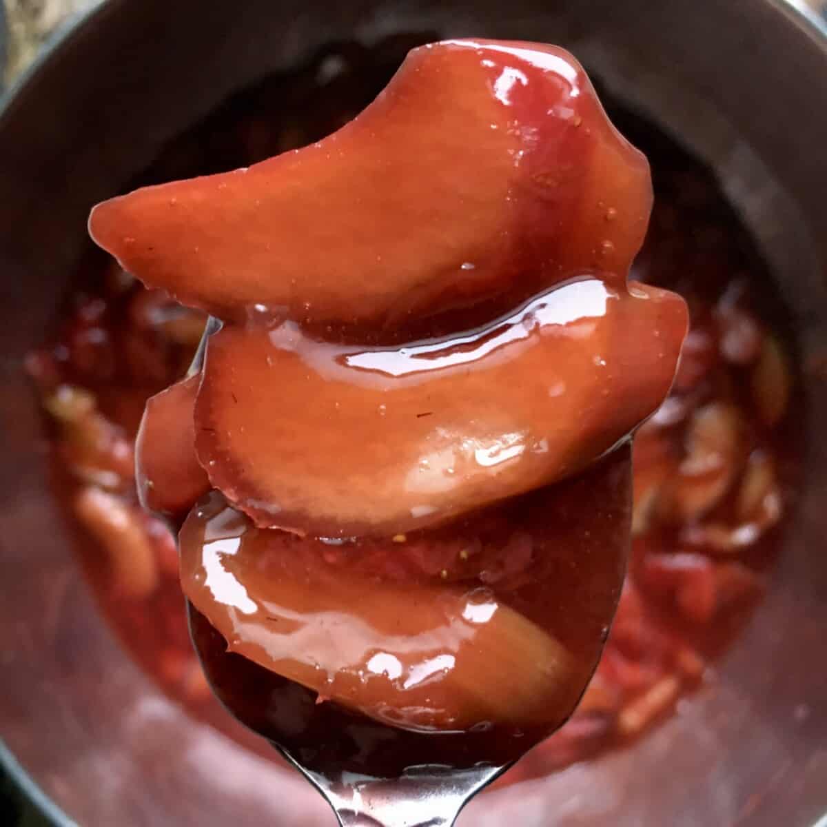 A spoonful of strawberry-rhubarb pie filling being held above the pot it was cooked in.