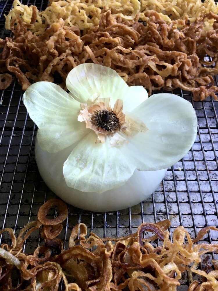 Vidalia onion with the bottom and the skin cut to make it look like a flower with crispy golden onion ring strings above and below it