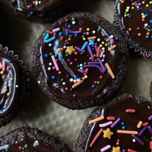 devils food cake cupcakes with dark chocolate ganache spooned over the tops leaving a perimeter of cake with stars and colorful sprinkles and Jimmies all over the tops of the richest, darkest, glistening chocolate cake in cupcake wrappers