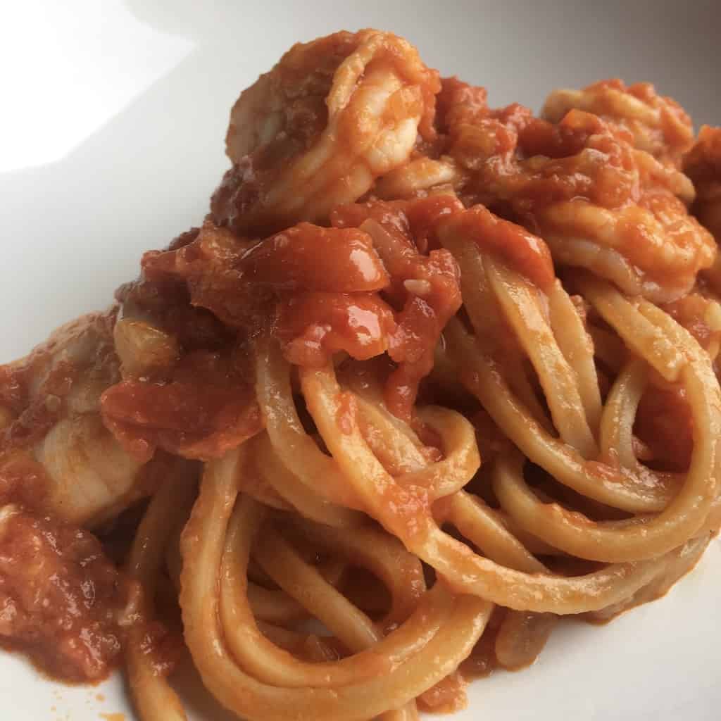 a beautiful serving of triple shrimp trighetto pasta