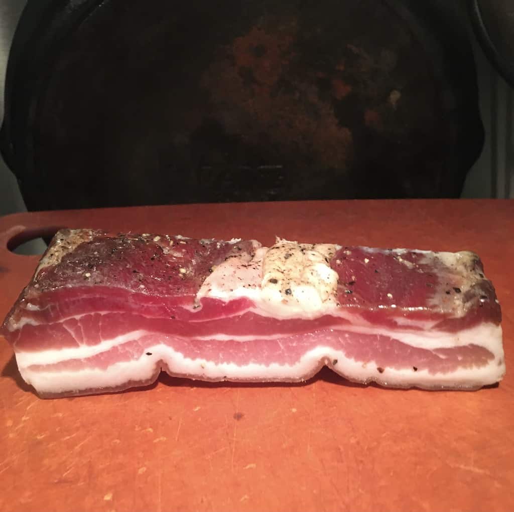 thick chuck of raw pancetta lying on a cutting board looking like a slab of whole bacon uncut, but brighter red in color with a little peppering on top sporadically