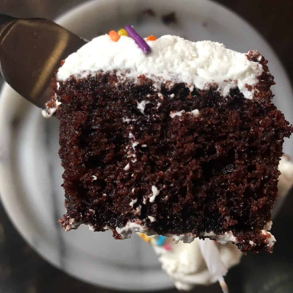 single bite of double layer chocolatey devil's food cake cut in half