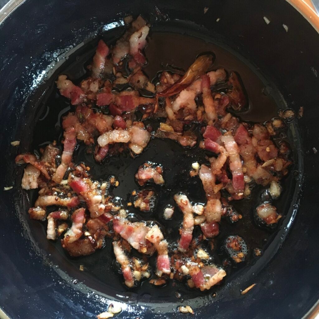 Browned pancetta mixture with shallots and chili pepper