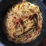 Spaghetti all'Amatriciana Italian pasta ready to eat in the braising pan