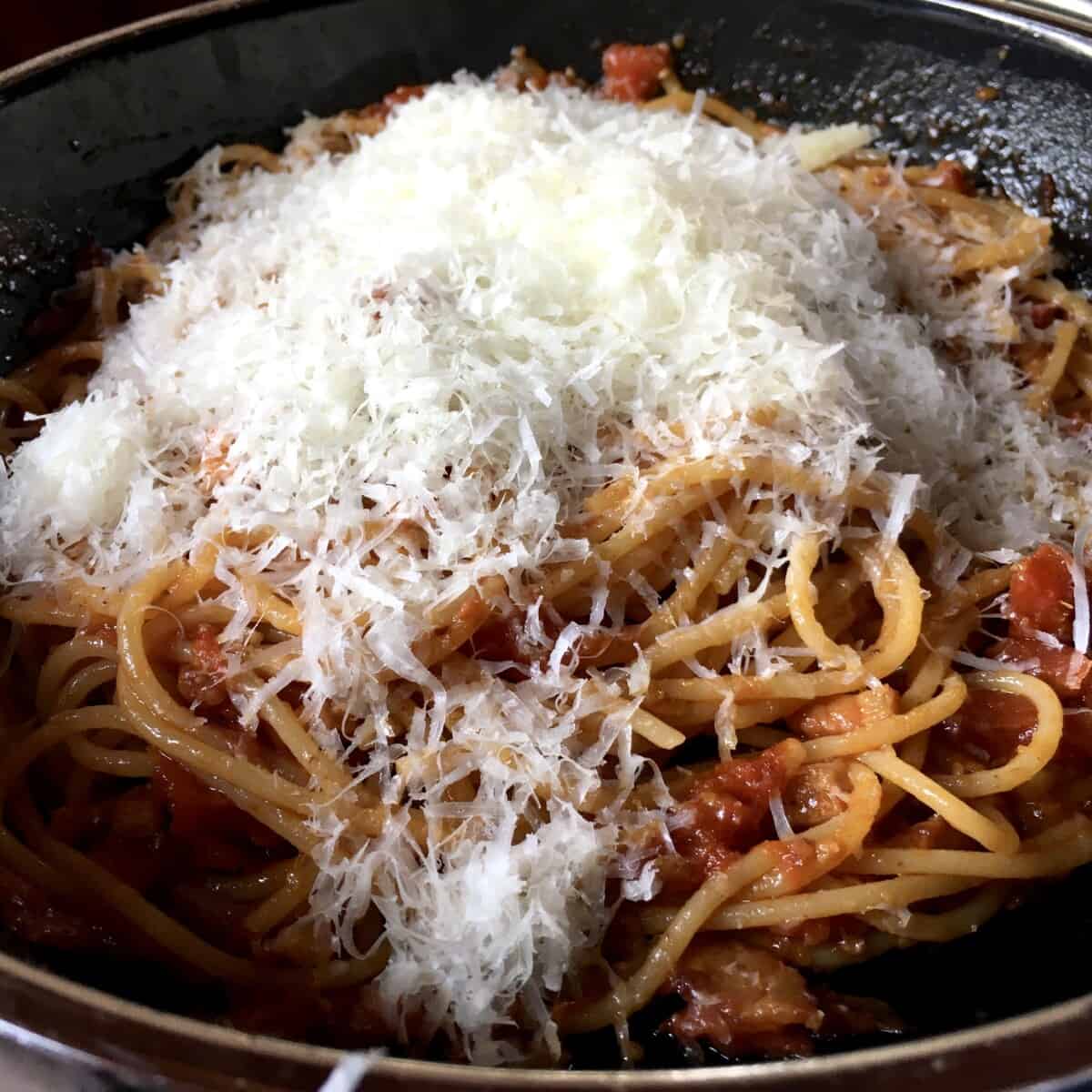 pasta all' amatriciana covered with a blanket of freshly grated pecorino cheese