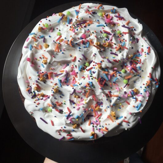 closeup of devil's food cake on a silver platter with sprinkles and ready to cut and serve