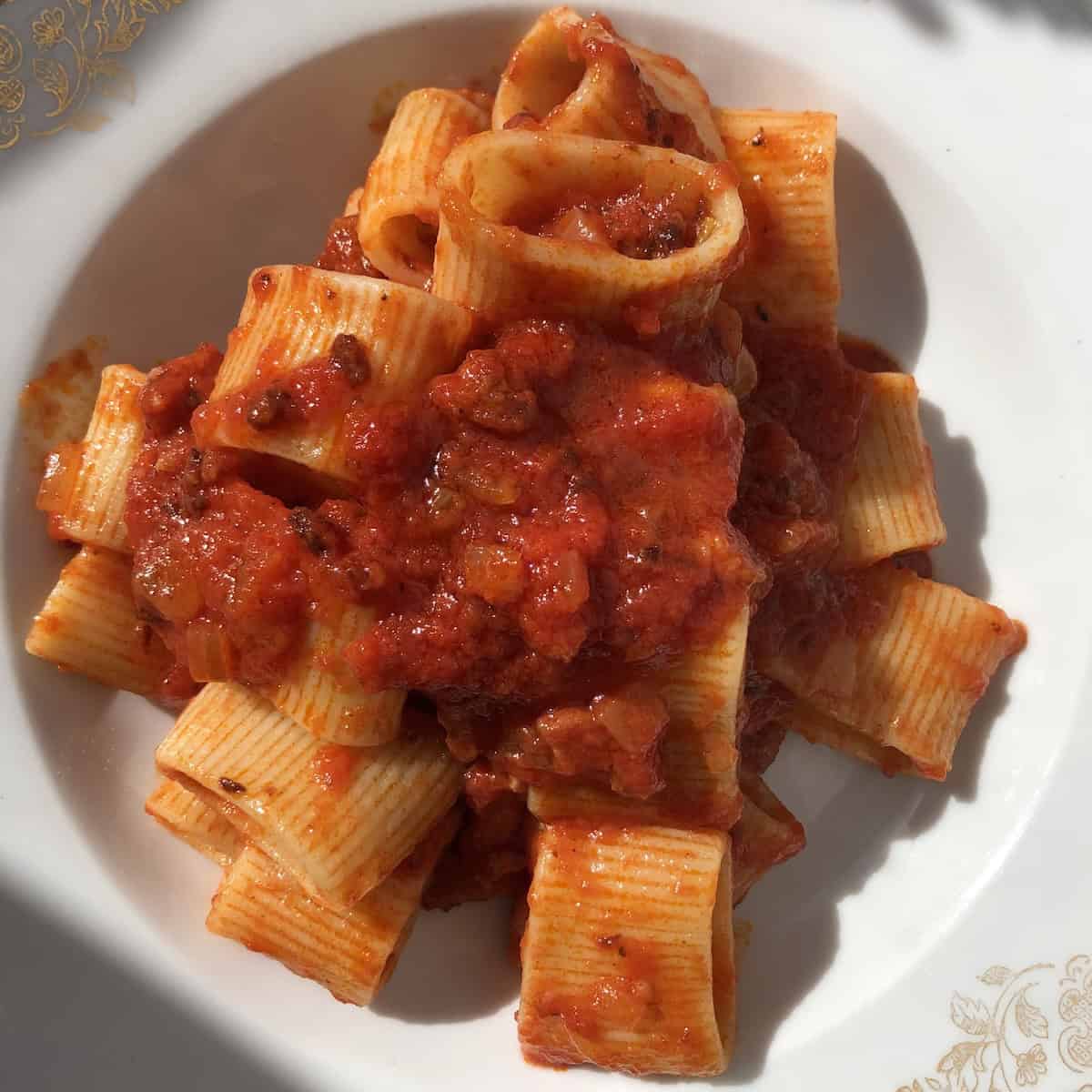 Amatriciana sauce with Rustichella d'Abruzzo maniconi short tube pasta in bowl, similar to rigatoni amatriciana recipe with guanciale.