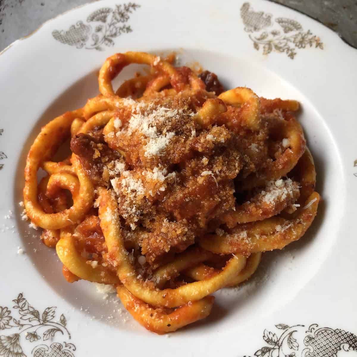 asta bowl of homemade bucatini all'amatriciana made from scratch with fresh pasta, garnished with pecorino romano cheese.
