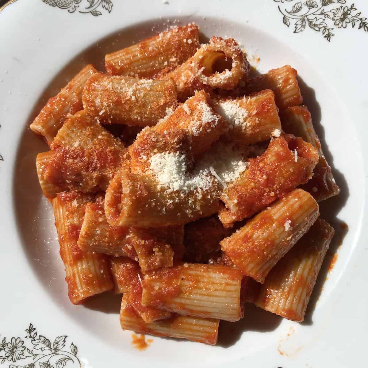 Rigatoni amatriciana with Pasta Cocco in bowl, authentic rigatoni amatriciana recipe with guanciale and pecorino.
