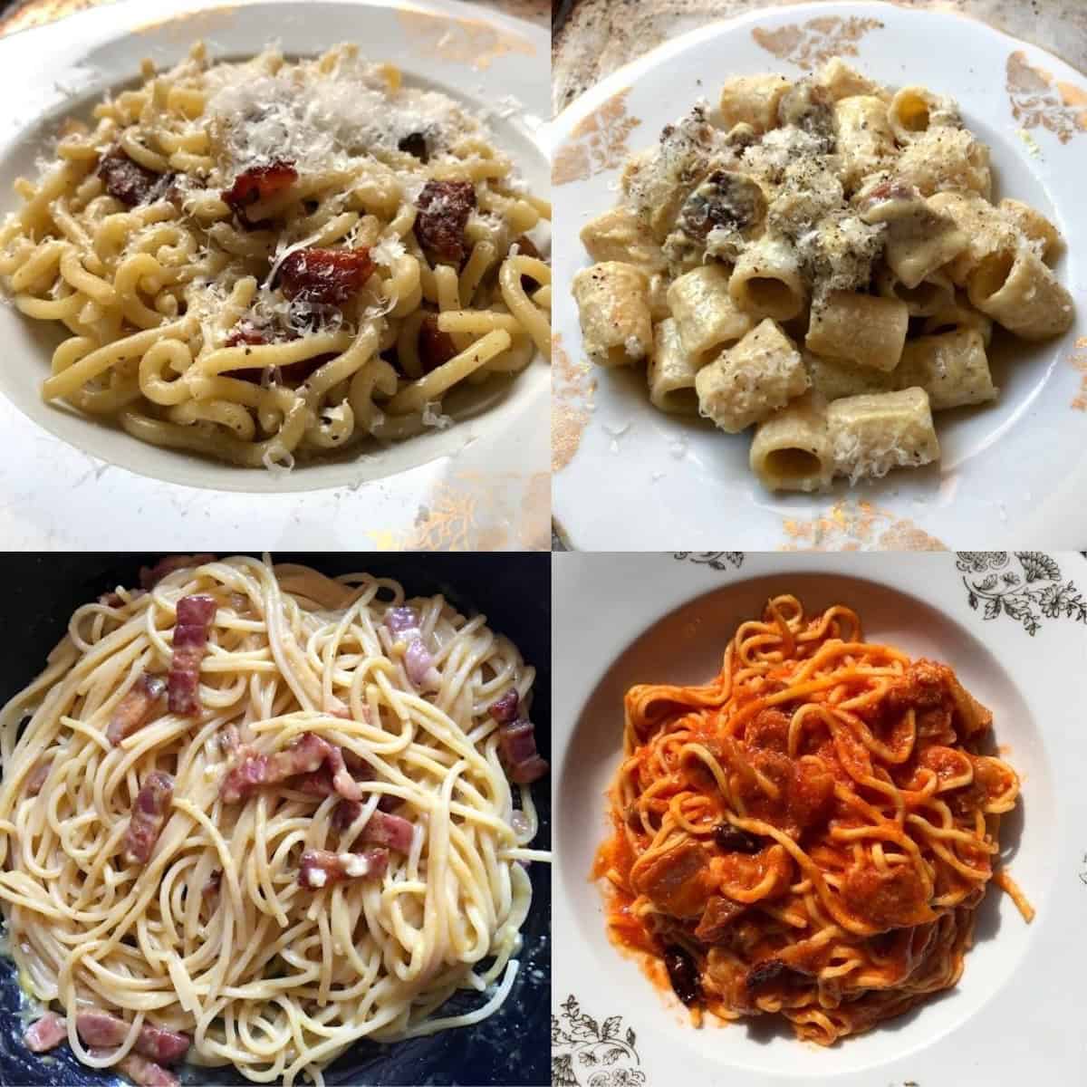 Roman pasta collage showing pasta alla gricia, two carbonara versions, and amatriciana, traditional Italian pasta dishes with guanciale and pecorino romano.