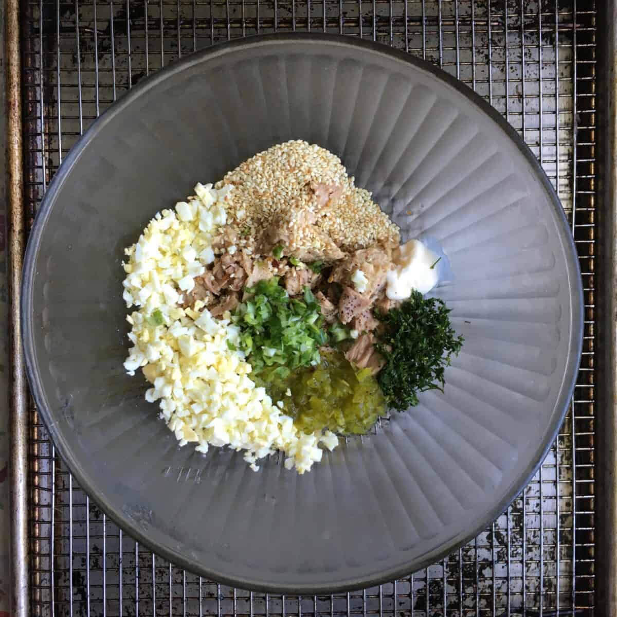 all ingredients added to a vintage glass mixing bowl