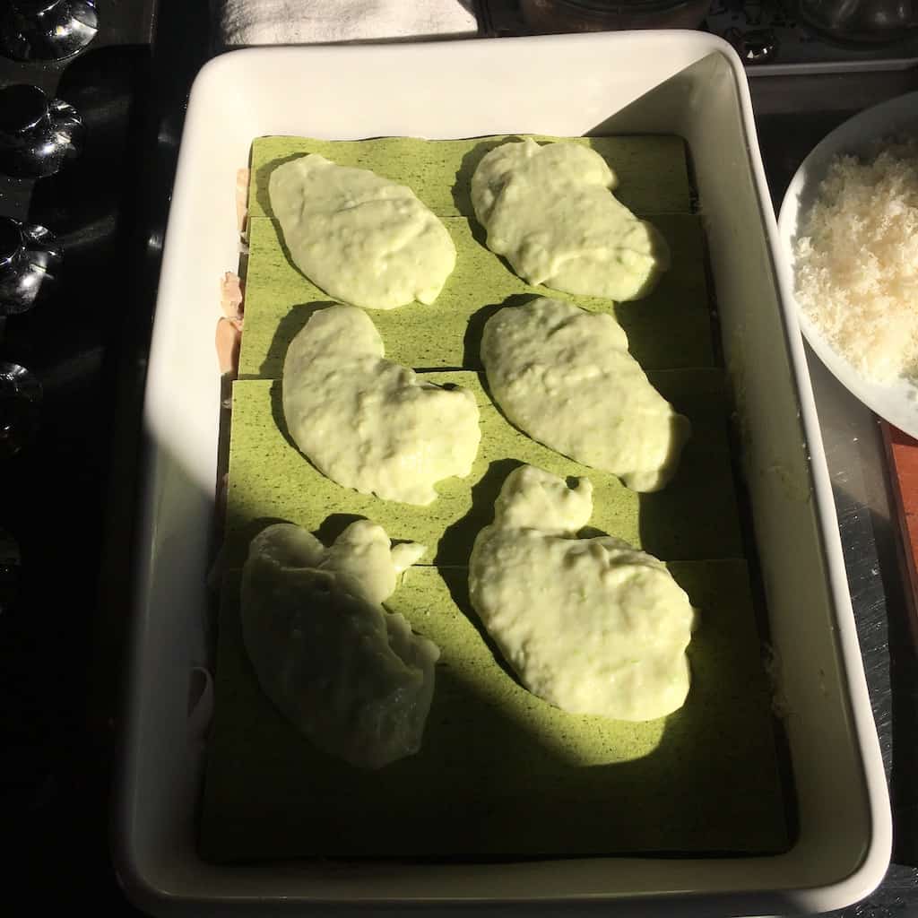 bechamel dotting the spinach noodles