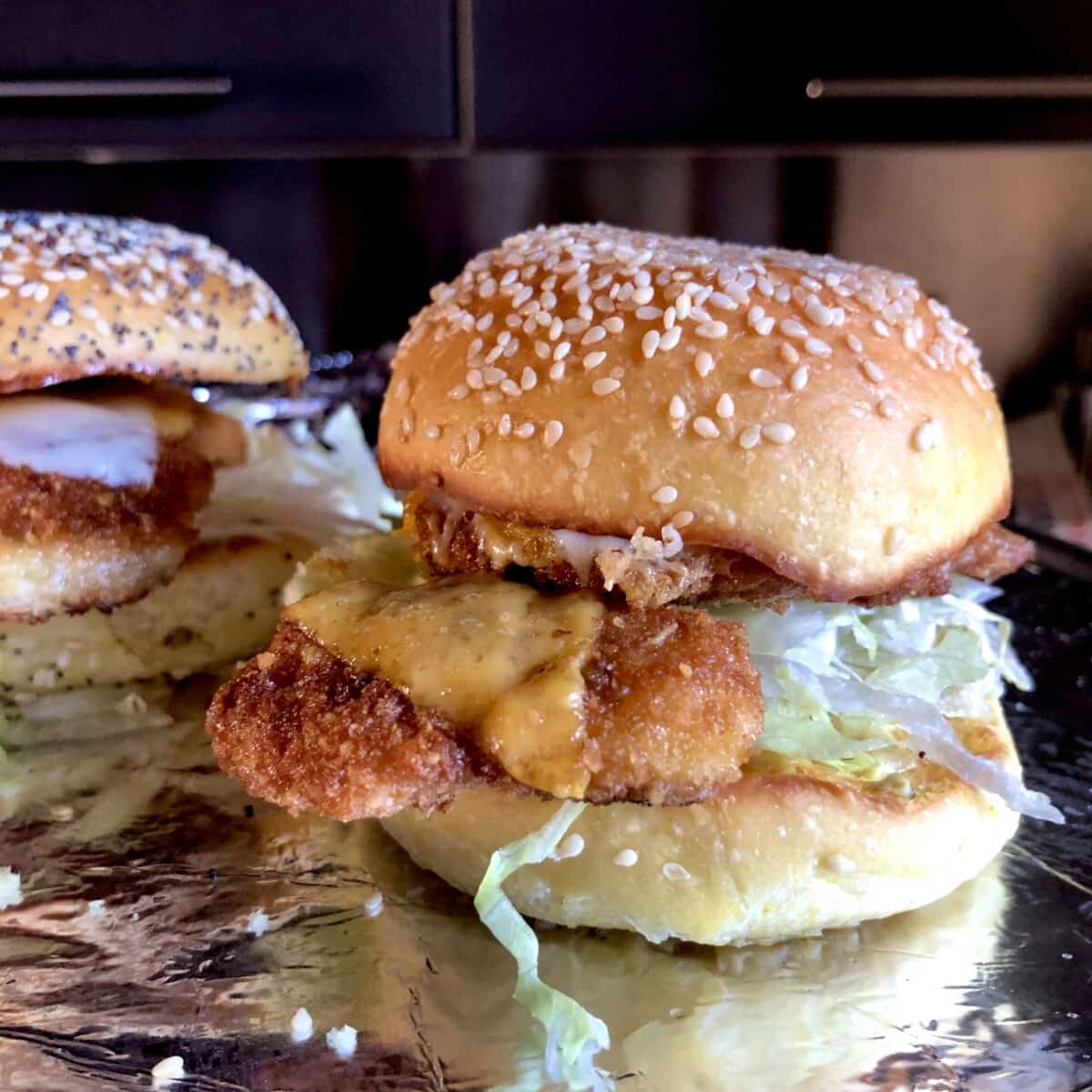 chicken burger or chicken sandwich on a homemade potato bun