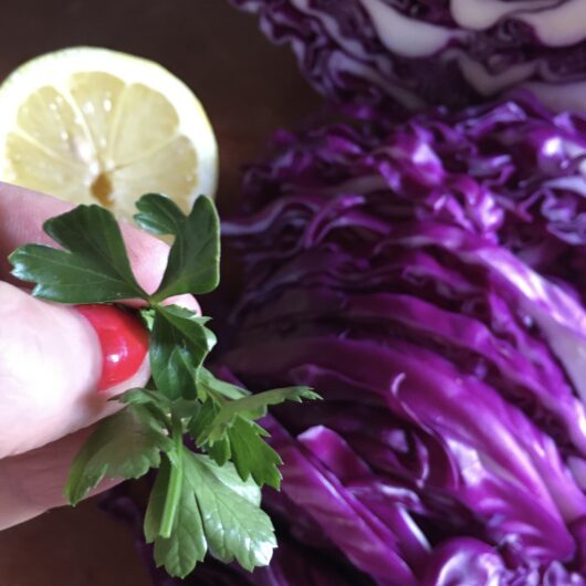 my hand holding a fresh sprig of parsley with a lemon half and sliced purple cabbage in the background
