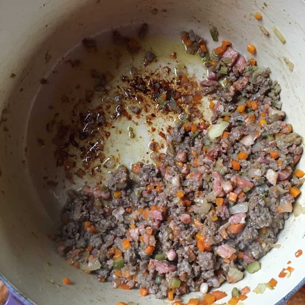 the beef mixture shrinking slightly as it cooked down and became darker brown