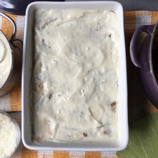even layer of spread out bechamel sauce
