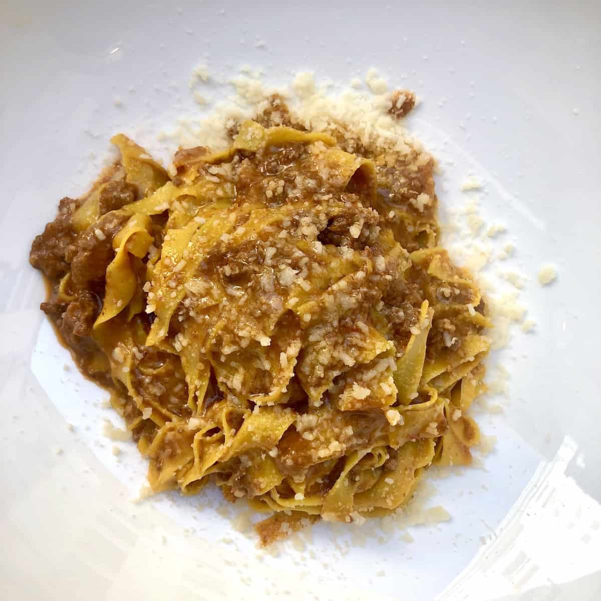 Tagliatelle bolognese from a restaurant in Bologna showing what real bolognese sauce looks like in Italy, authentic bolognese sauce recipe with traditional bolognese ragu served on fresh pasta.
