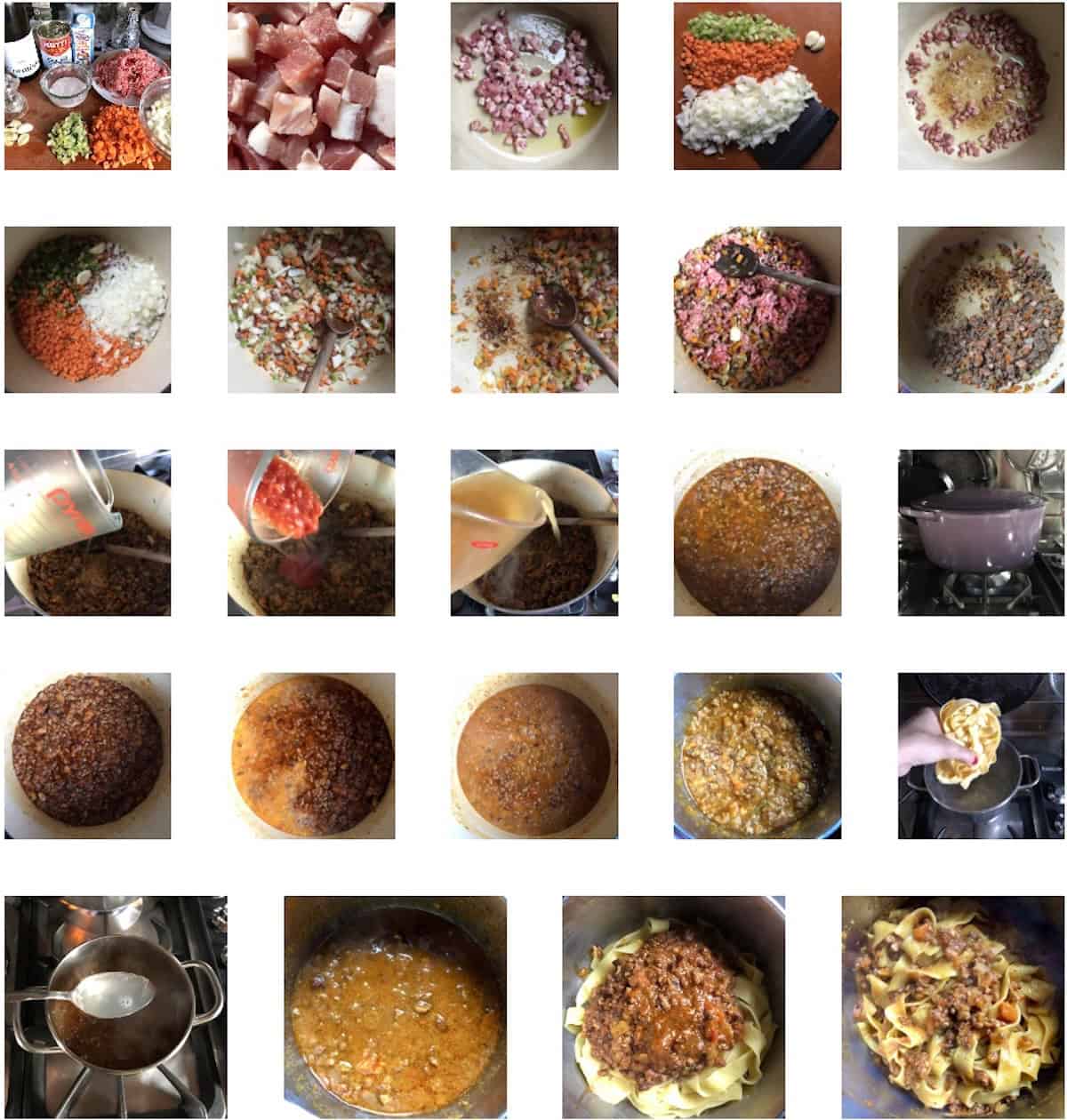 Step by step photo collage of my white wine bolognese sauce recipe showing exactly how to make it and how it differs from the red wine healthy bolognese sauce version and our favorite (more unctuous) bolognese sauce with red wine.
