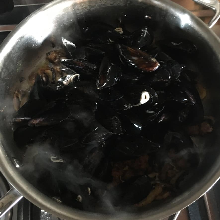 mussels just added to the pan