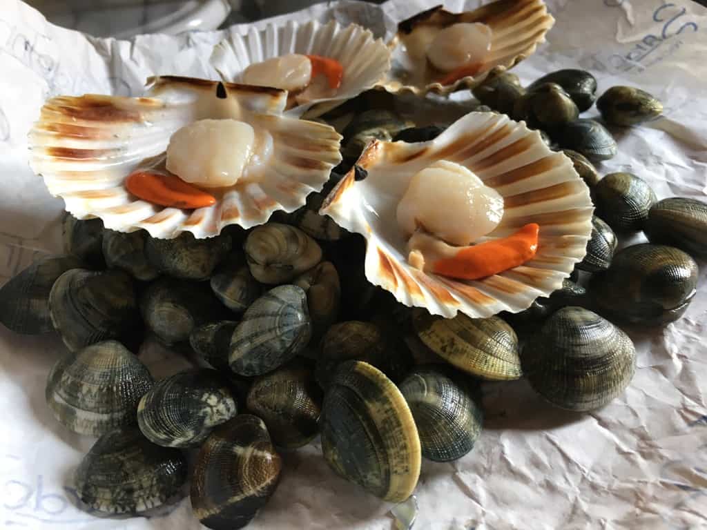 fresh diver scallops on the half shell resting on top of Verace clams before cooking