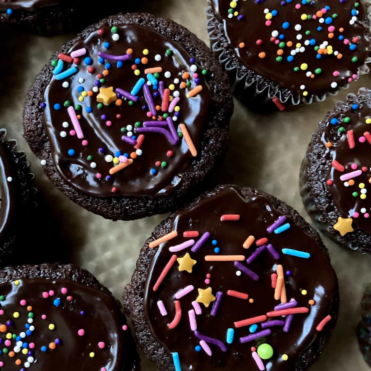 devils food cake chocolate cupcakes with chocolate ganache frosting and candy sprinkles