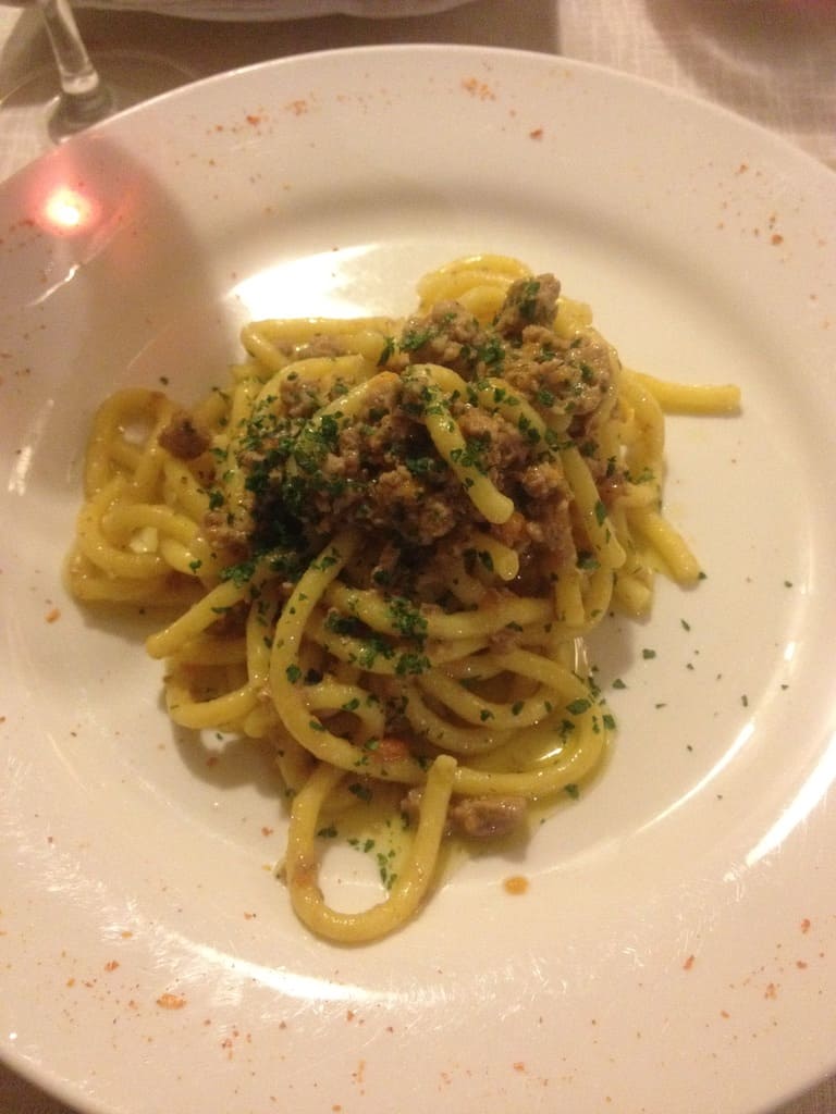 a plate full of bigoli pasta from a local restaurant with wine glasses in view filled with a local red wine