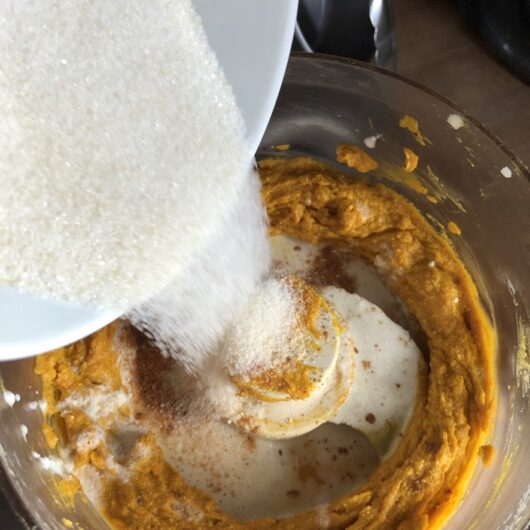 oven roasted kabocha squash in the bowl of a food processor with cream cheese and sugar and spices addeed