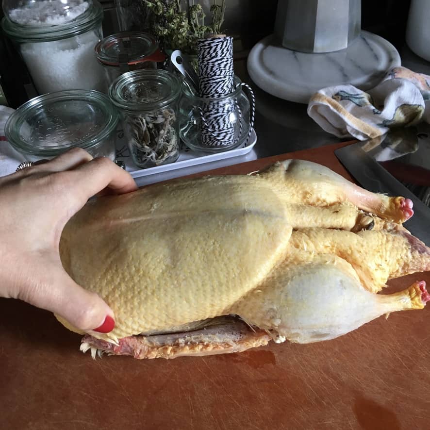 my hand grabbing a raw duck on the cutting board