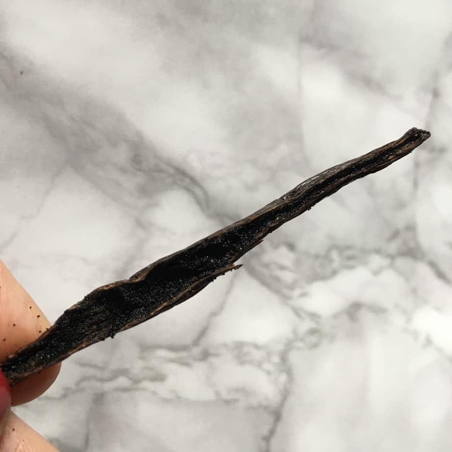 me holding one single split open vanilla bean pod revealing thousands of tiny black vanilla bean seeds with a marble surface in the background