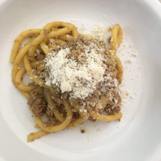 final dish of pasta using the artisanal ready-to-eat duck ragù and bigoli pasta