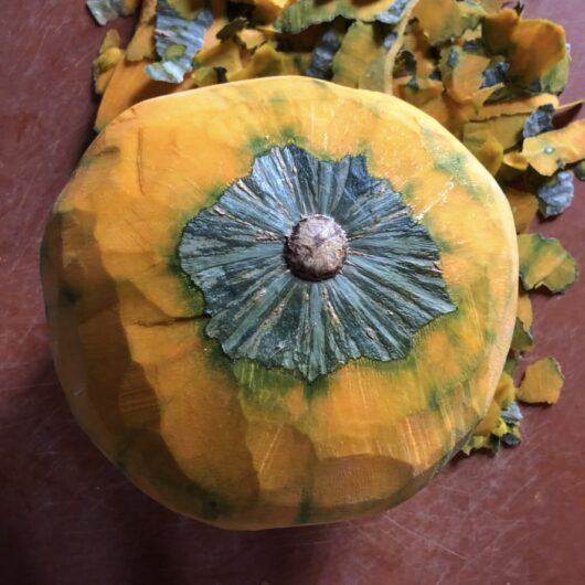 kabocha squash peeled whole except the top right around the stem where the green skin remains