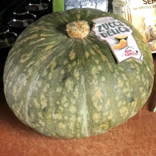 whole green Kabocha squash with the Delica zucca sticker on the outside