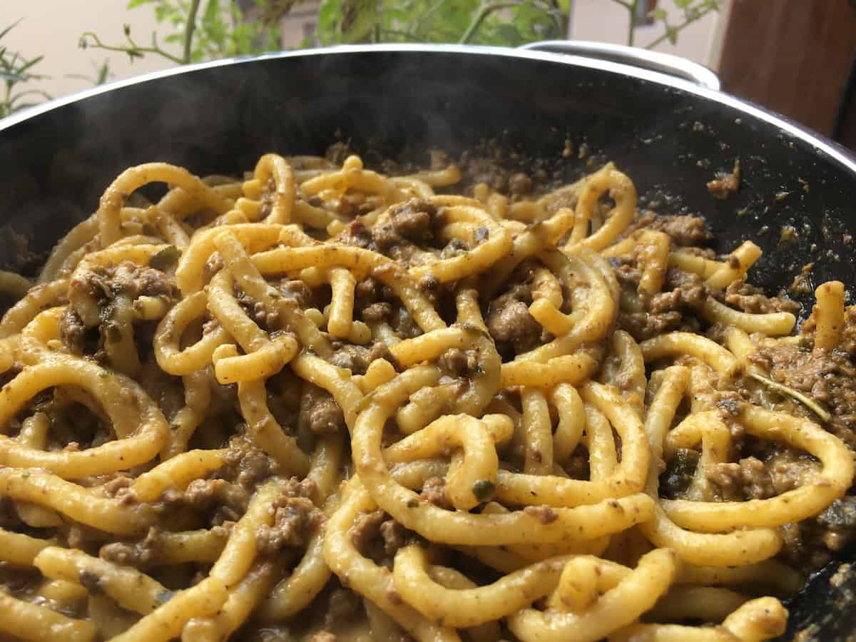Bigoli duck ragu homemade recipe in a braising skillet ready to serve, authentic Italian duck ragu with chewy bigoli pasta, venetian duck ragu finished and plated from the pan with a view outside my italian kitchen window.