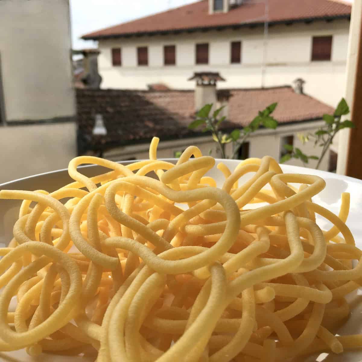 Fresh bigoli egg pasta uncooked in a pasta bowl with a view of the Italian rooftops outside my kitchen ready for my authentic duck ragu recipe.