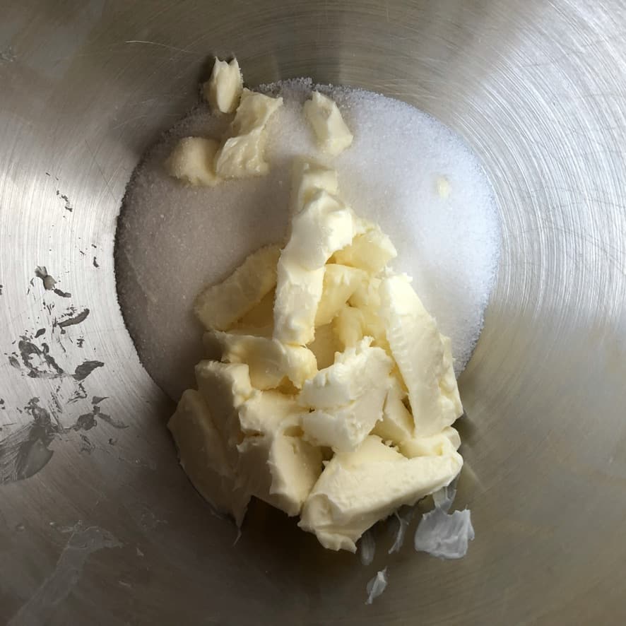 sugar and butter in stand mixer bowl