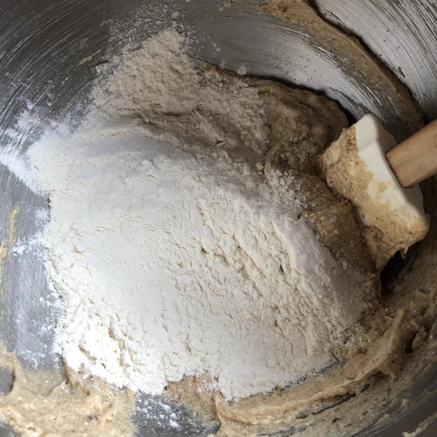 flour, salt, baking soda and cream of tartar all added to the creamed butter sugar egg mixture