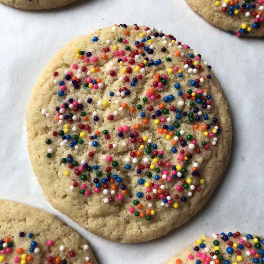 A beautiful and perfectly cooked sugar cookie covered with nonpareils.