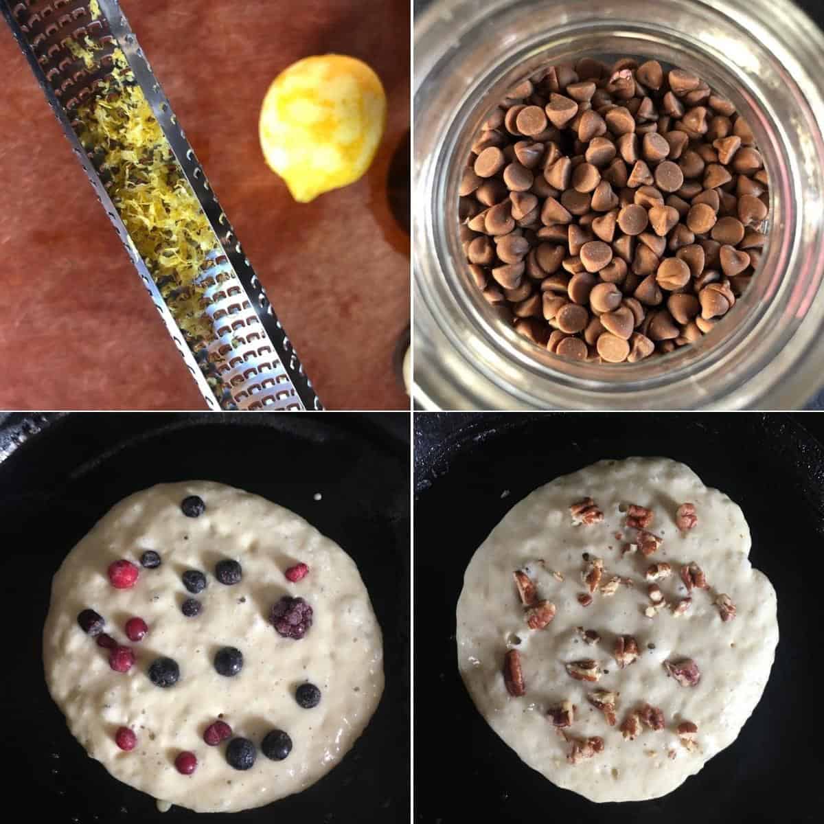 Four panel collage showing buttermilk pancake add-ins including lemon zest, chocolate chips, frozen berries, and toasted pecans.