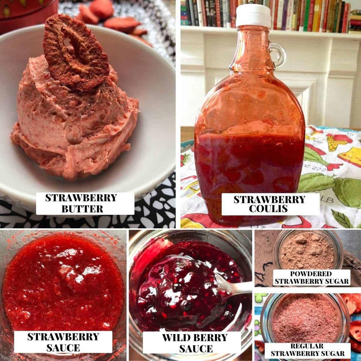 Collage of six homemade pancake and waffle toppings including strawberry butter, strawberry coulis, strawberry sauce, wild berry sauce, powdered strawberry sugar, and regular strawberry sugar.