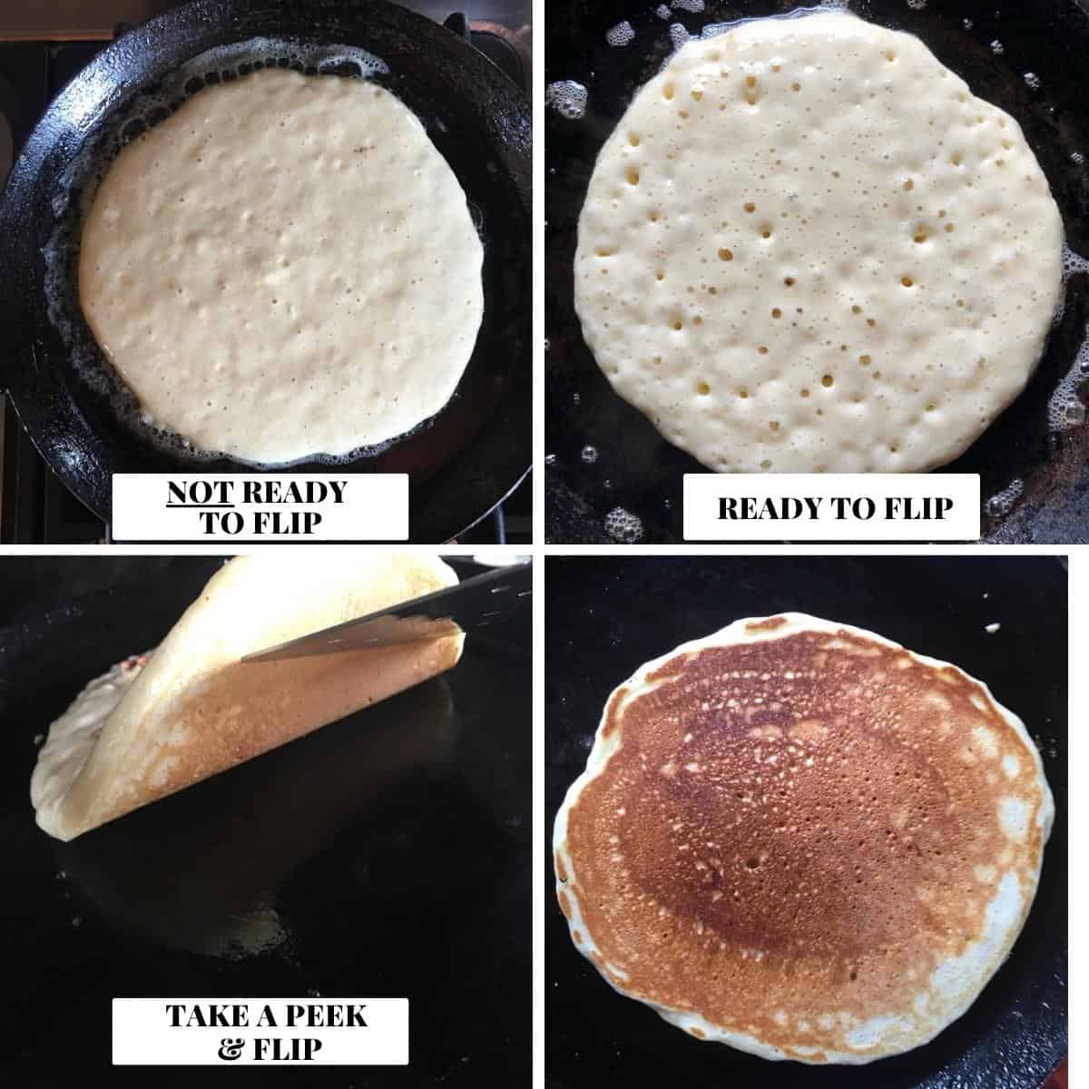 Four panel collage showing how to tell when pancakes are ready to flip from not ready to bubbles forming to peeking underneath with a spatula and golden brown after flipping.