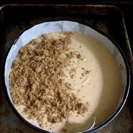 half of the pumpkin cheesecake base poured into the prepared springform pan with graham cracker crust with the first handful of chestnut graham cracker crust layer sprinkled over the top