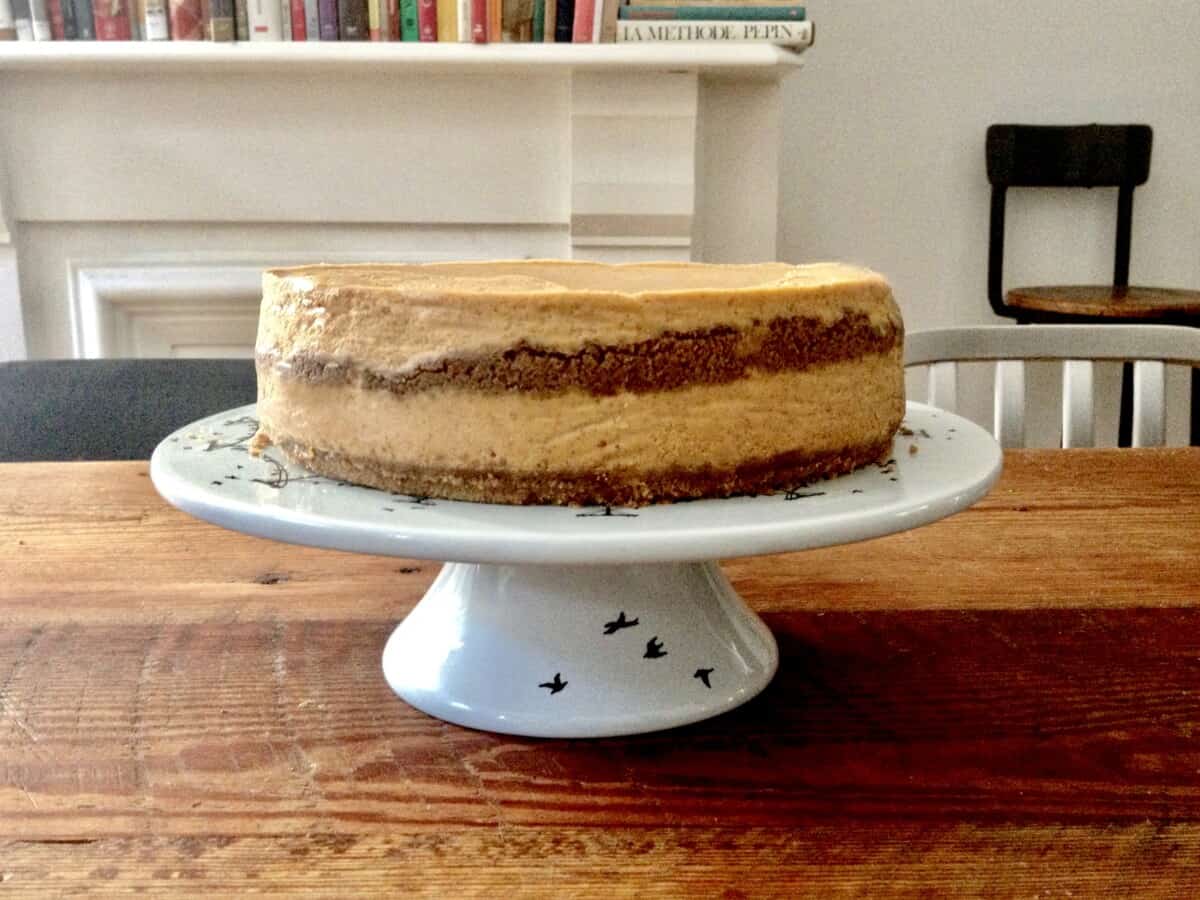 Pumpkin Cheesecake with a layer of Chestnut Graham Cracker crust in the middle and the bottom