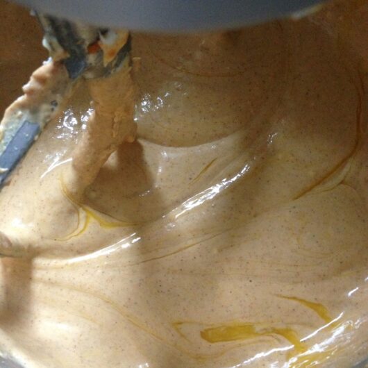 mixed pumpkin cheesecake base just before eggs get added