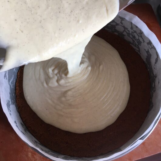 pouring raw vanilla bean cheesecake base into a springform pan